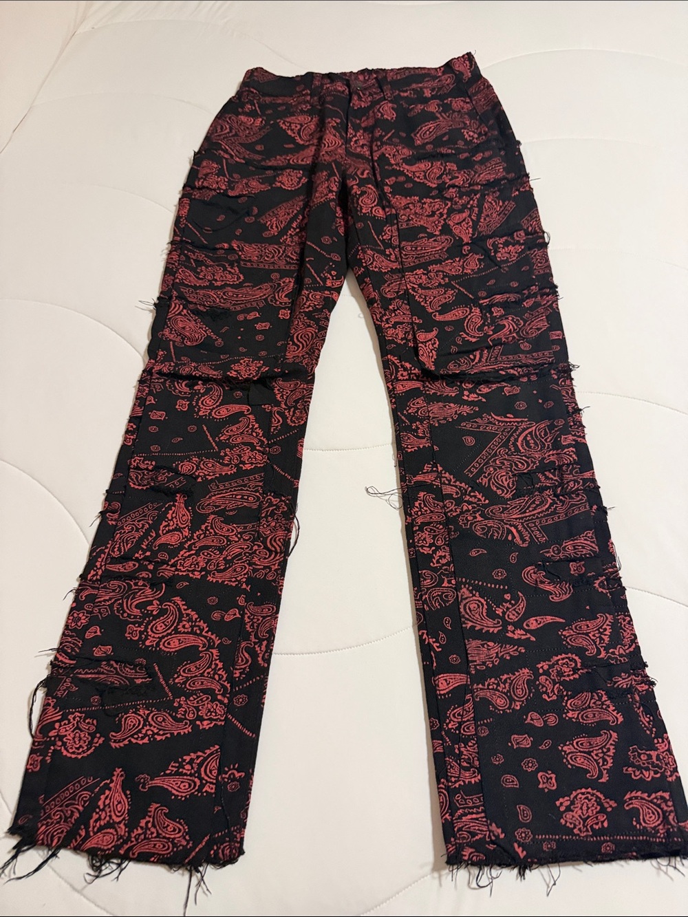 Black Wide-Leg Pants with Red Paisley Print